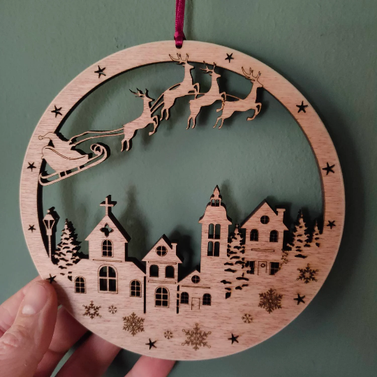 Wooden Hanging of a Christmas Scene