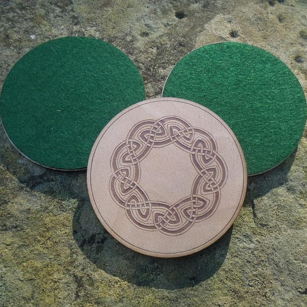 Set of 6 wooden coasters with celtic designs