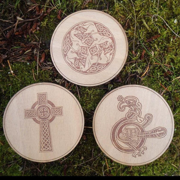 Set of 6 wooden coasters with celtic designs