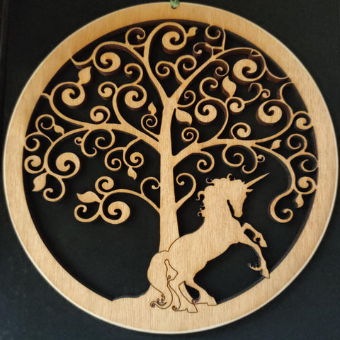 Wooden Wall Hanging of a Unicorn under a Fantasy Tree
