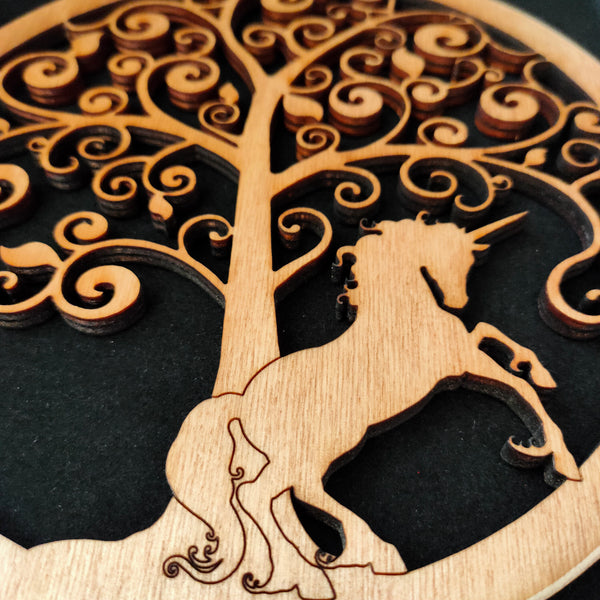 Wooden Hanging of a Unicorn under a Fantasy Tree