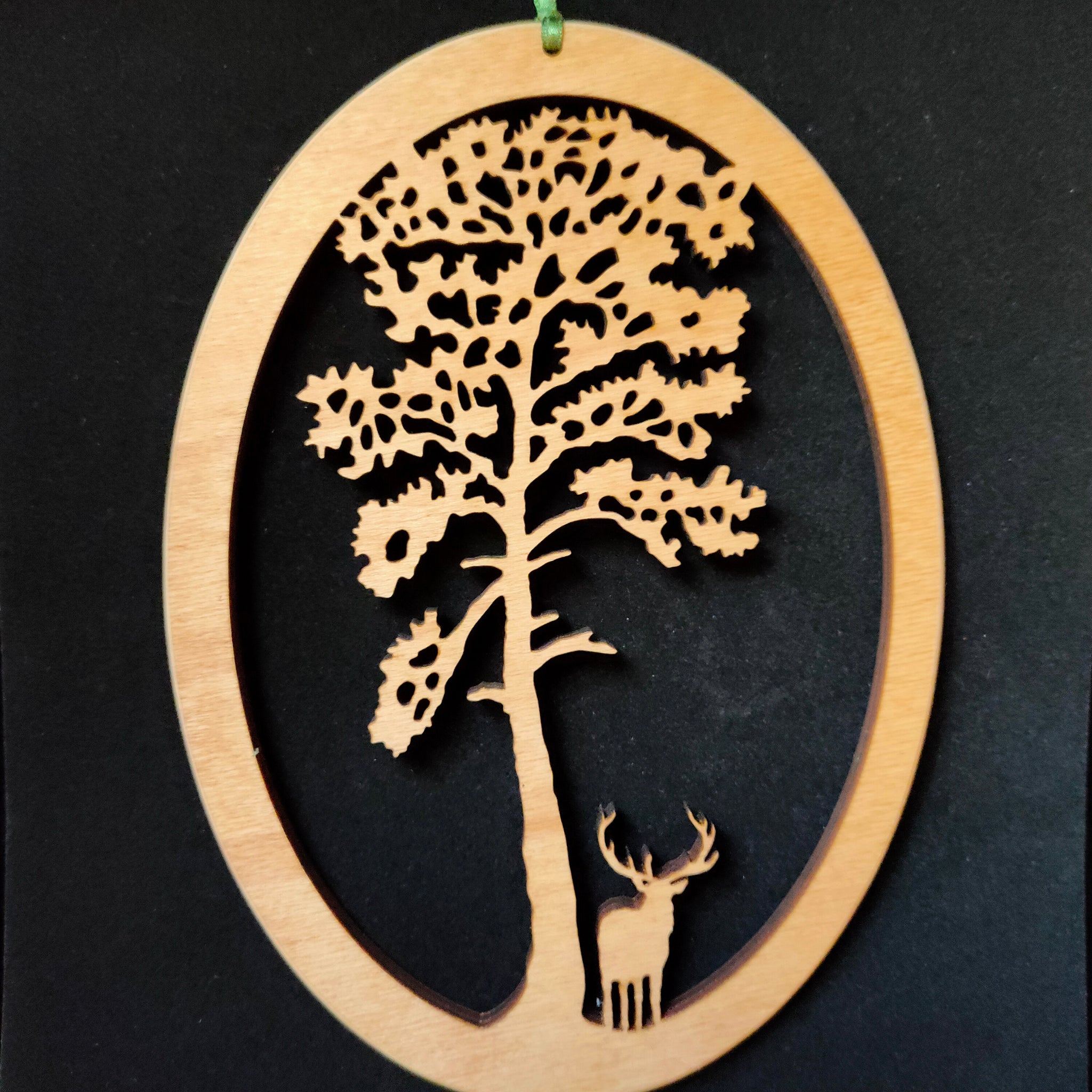 Wooden Wall Hanging of Scots Pine Tree with Stag underneath