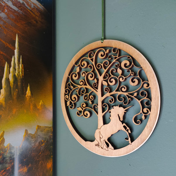Wooden Hanging of a Unicorn under a Fantasy Tree